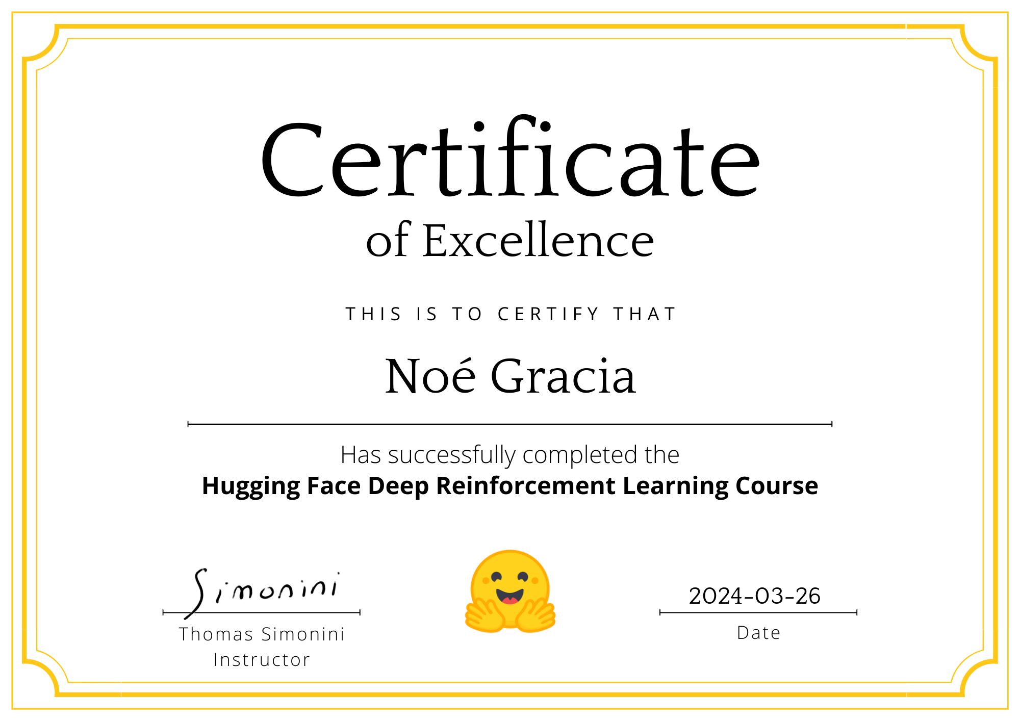 Hugging Face Deep Reinforcement Learning Certificate of Excellence